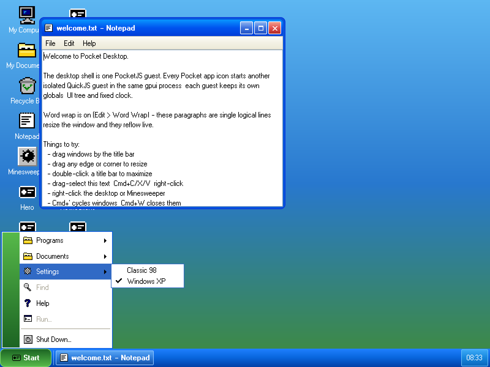 Pocket Desktop running the XP theme